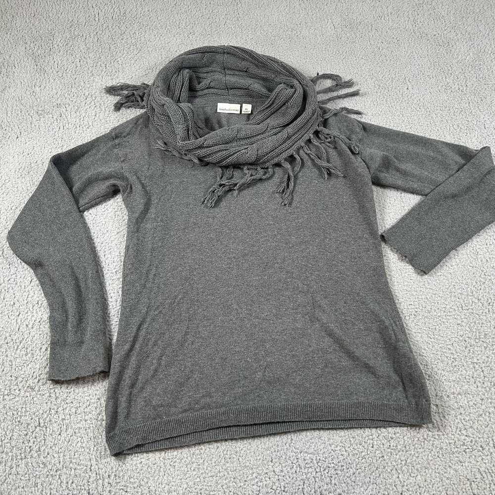 John Paul Richard Sweater Womens XL Gray Cowl Scarf Neck Fringe Pullover Cotton